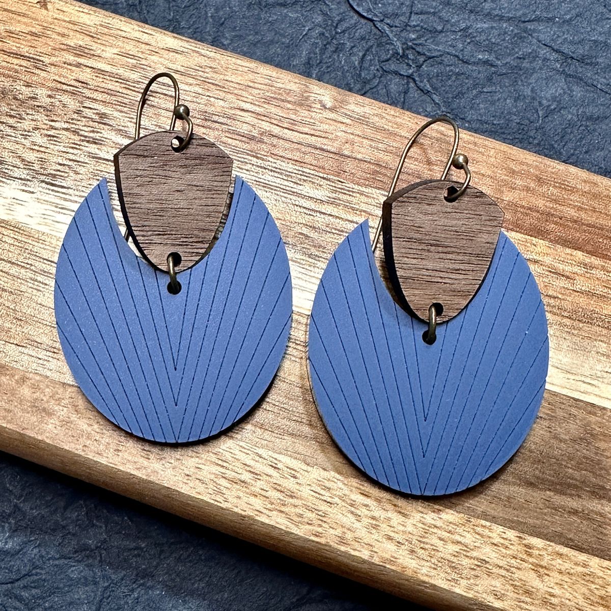 Blue Wood Textured Oval Dangle Earrings view 2
