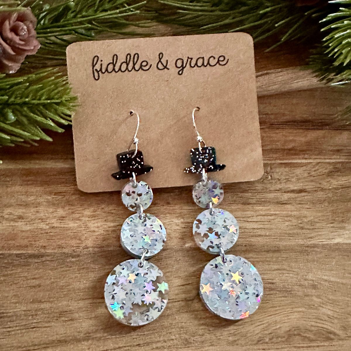 Clear Glitter Black Cap Snowman Dangle Earrings