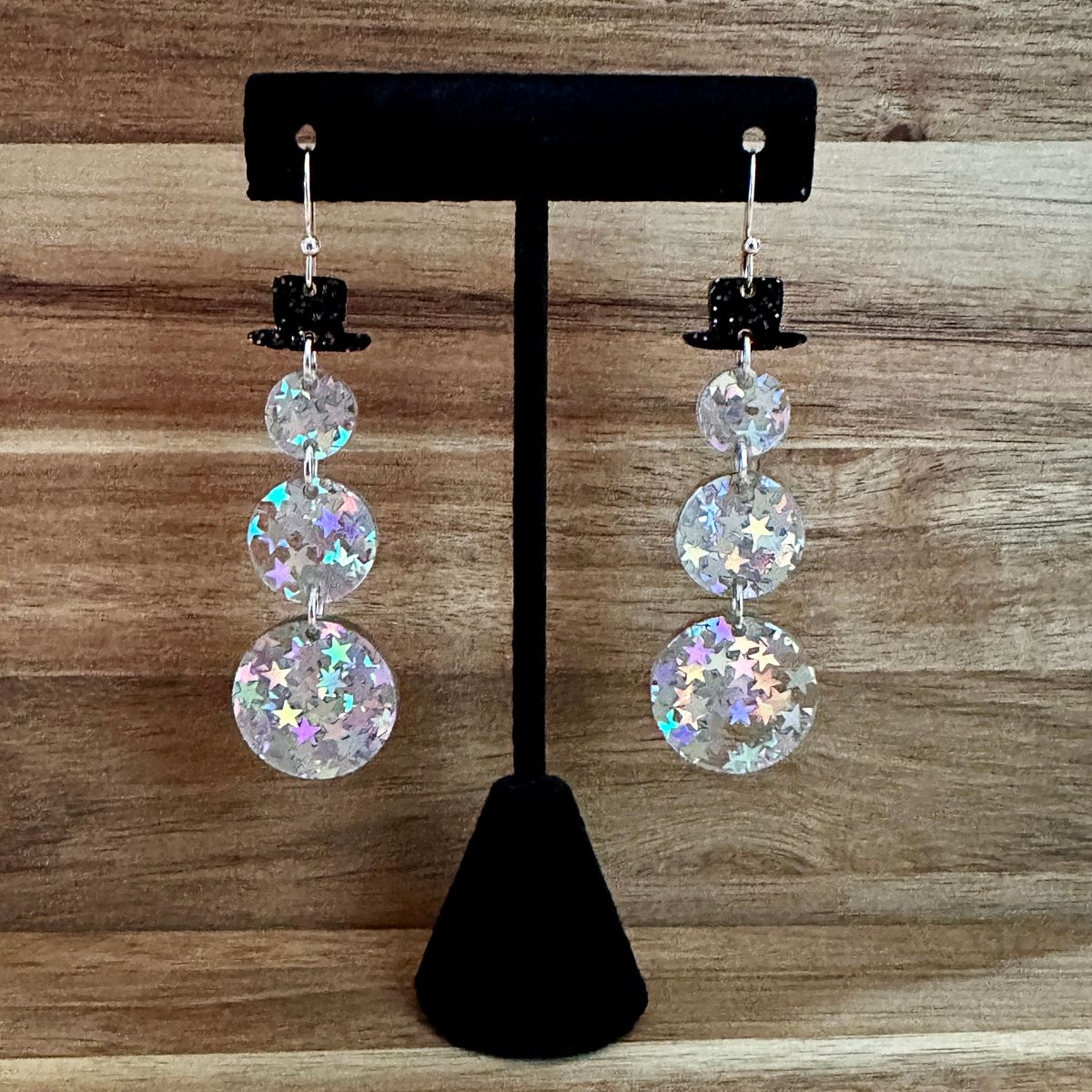 Clear Glitter Black Cap Snowman Dangle Earrings view 2