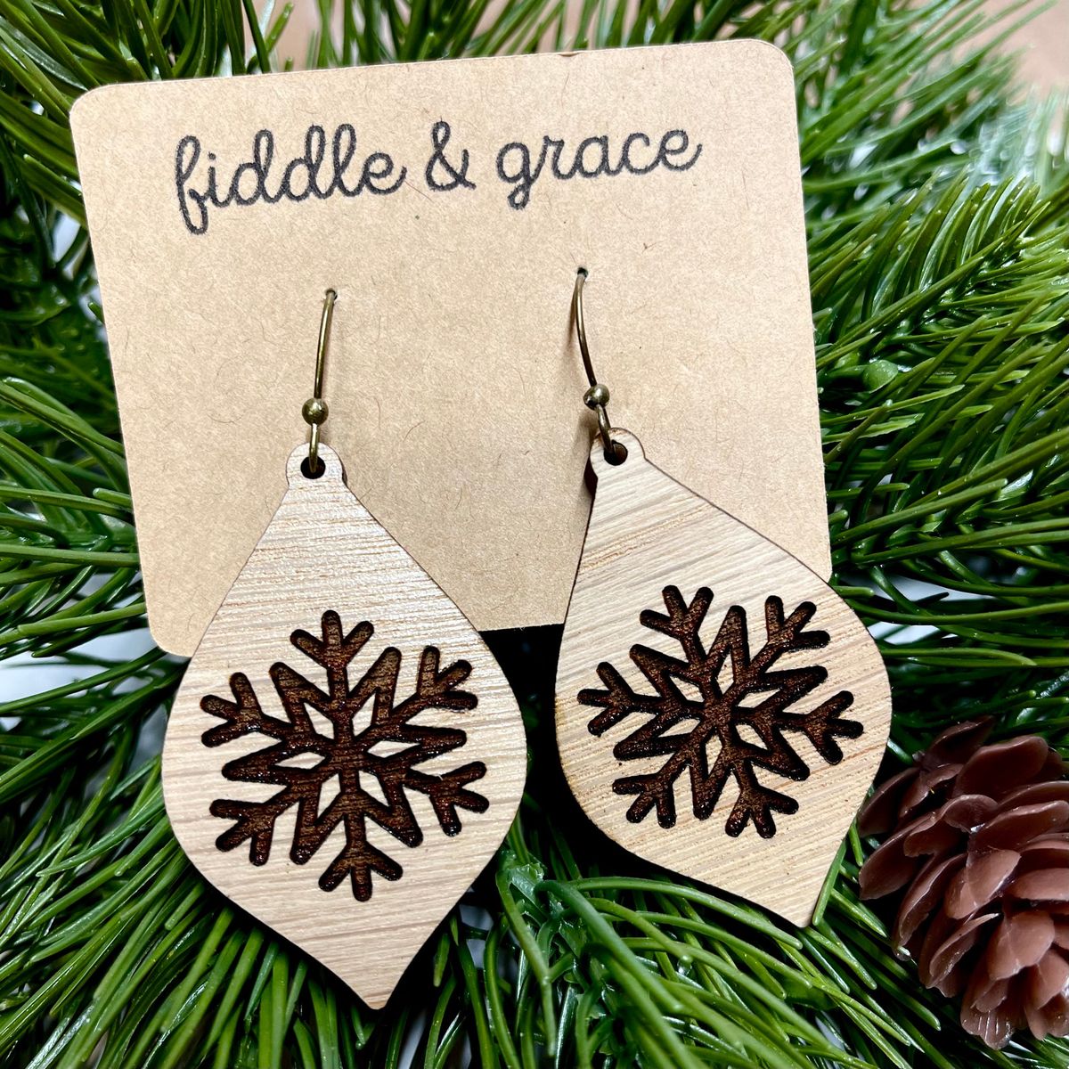 Teardrop Snowflake Print Cream Wood Christmas Earrings