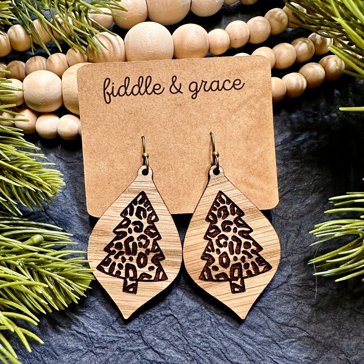 Christmas Tree Pattern Teardrop Wood Earrings