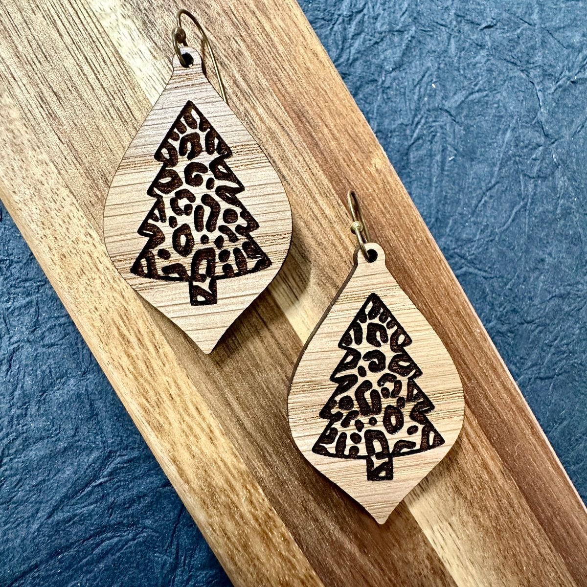 Christmas Tree Pattern Teardrop Wood Earrings view 2