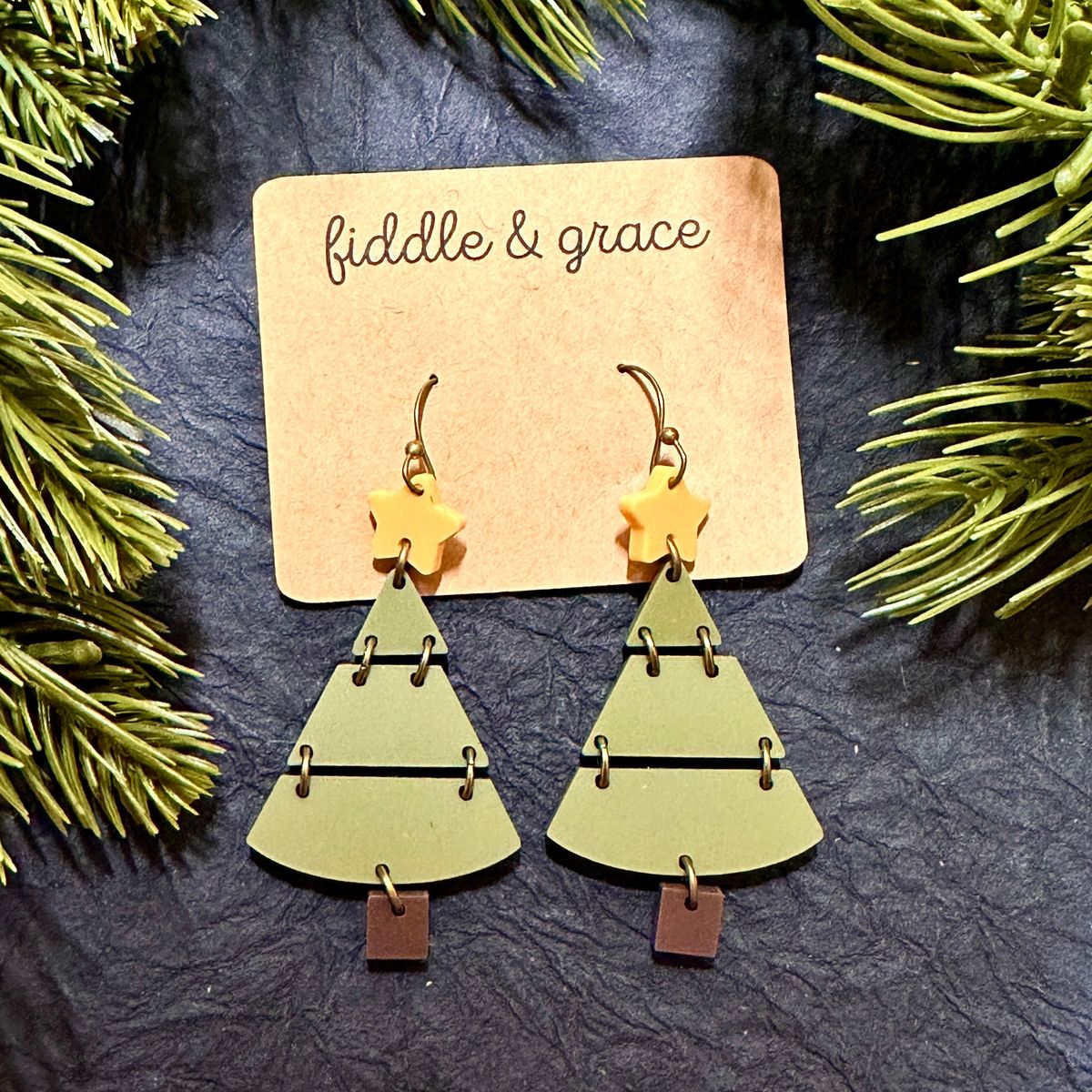 Geometric Christmas Tree Yellow Metal Earrings
