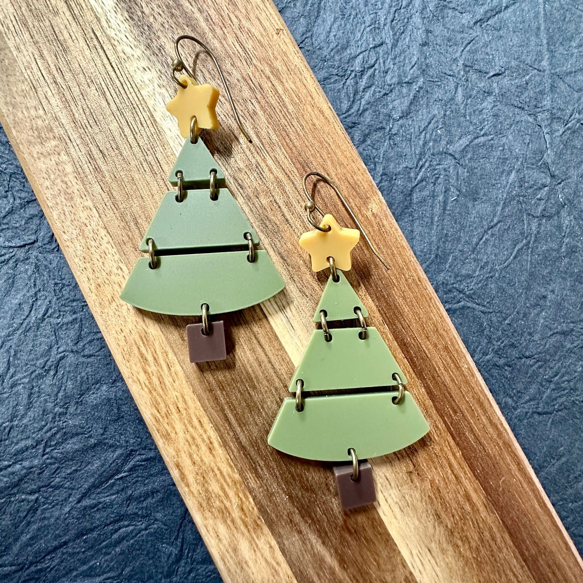 Geometric Christmas Tree Yellow Metal Earrings view 2