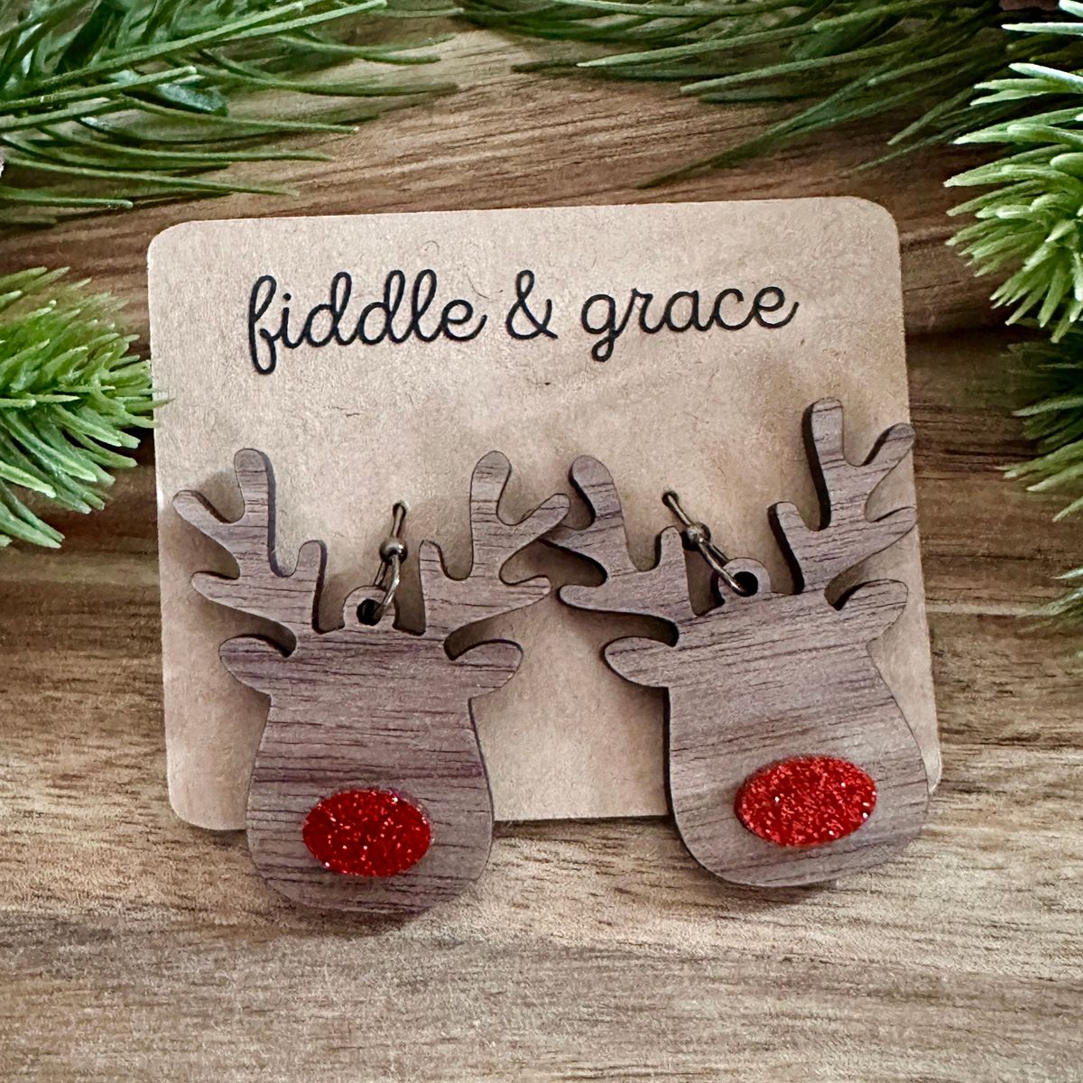 Reindeer with Red Pom Pom Nose Wood Earrings