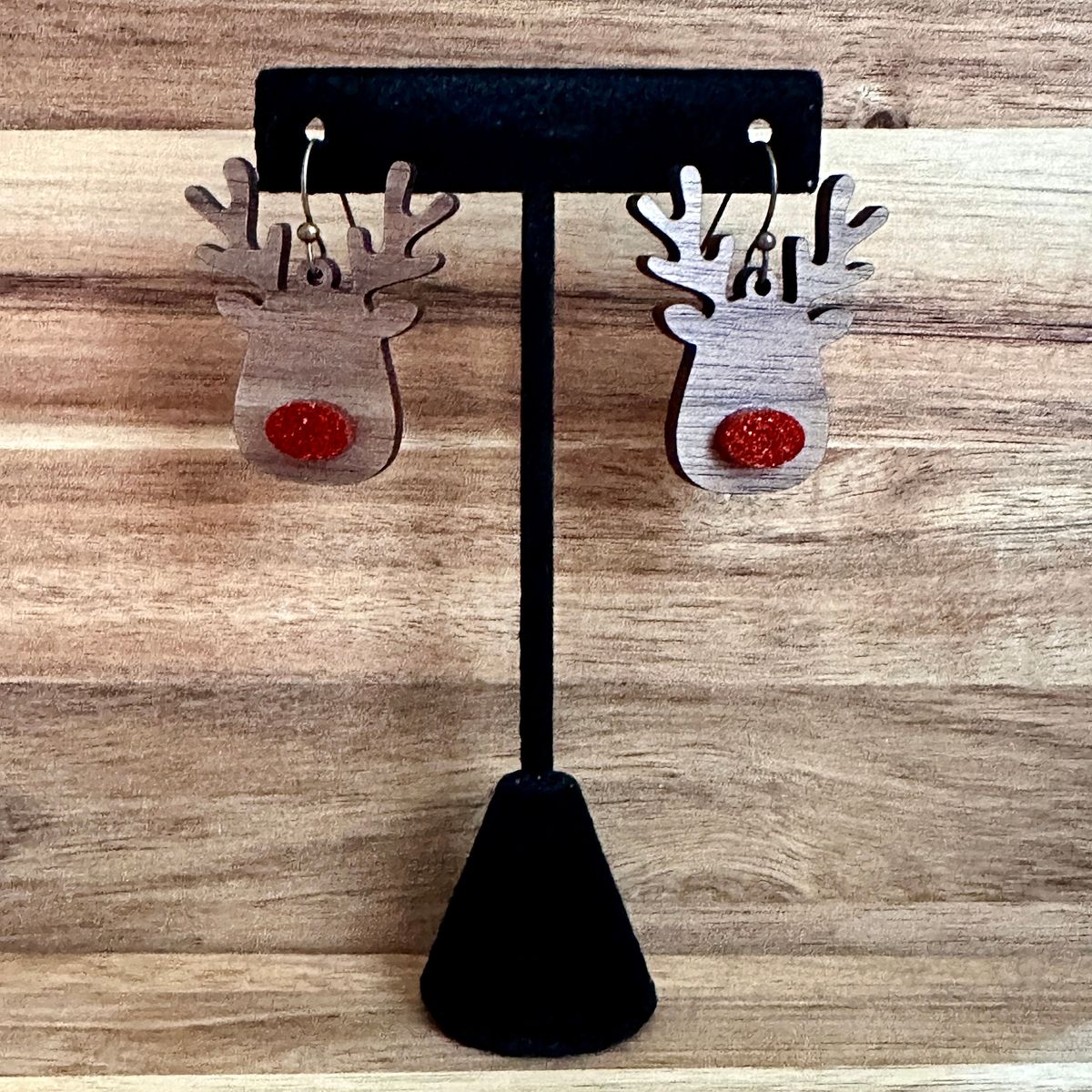 Reindeer with Red Pom Pom Nose Wood Earrings view 2