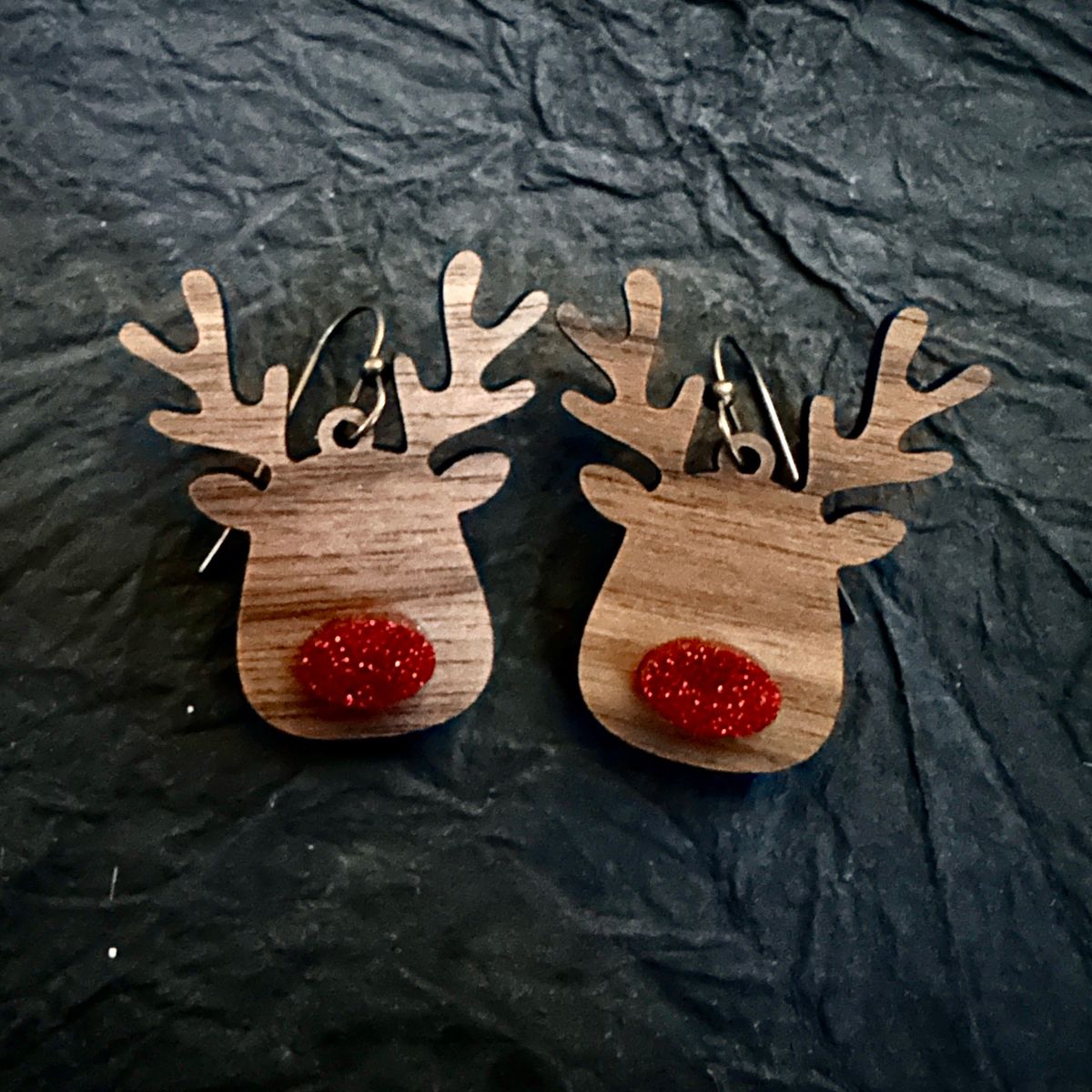 Reindeer with Red Pom Pom Nose Wood Earrings view 3