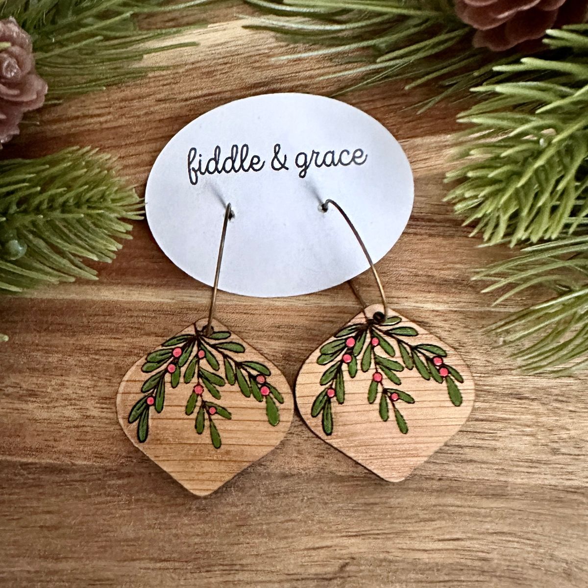 Mistletoe Holly Leaf Teardrop Cream Christmas Earrings
