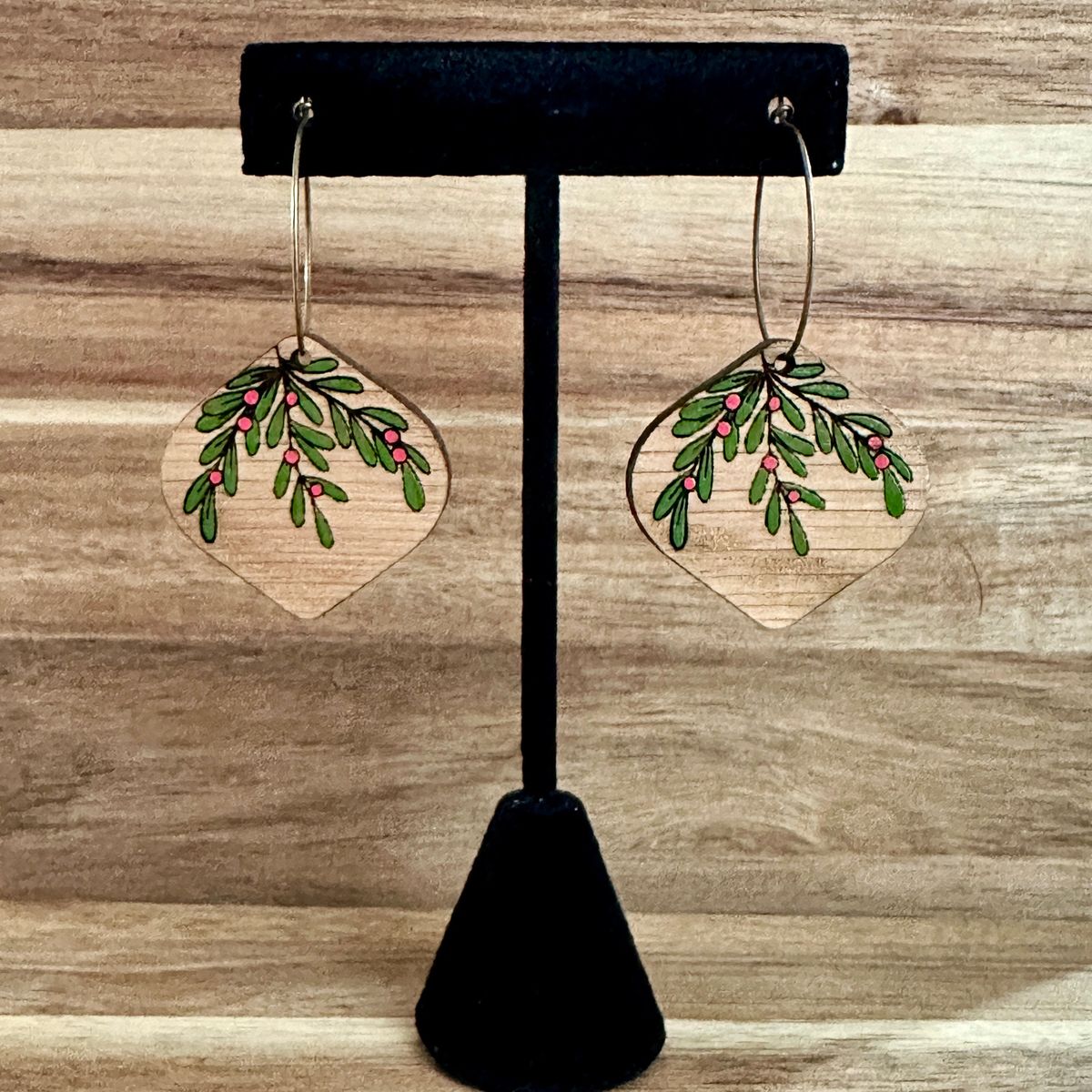 Mistletoe Holly Leaf Teardrop Cream Christmas Earrings view 2
