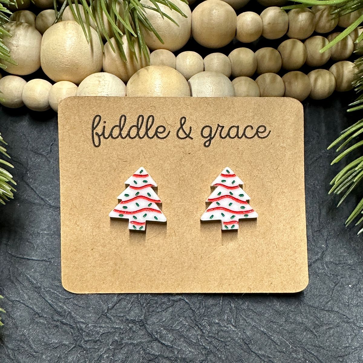 Red Striped Christmas Tree Dangle Earrings