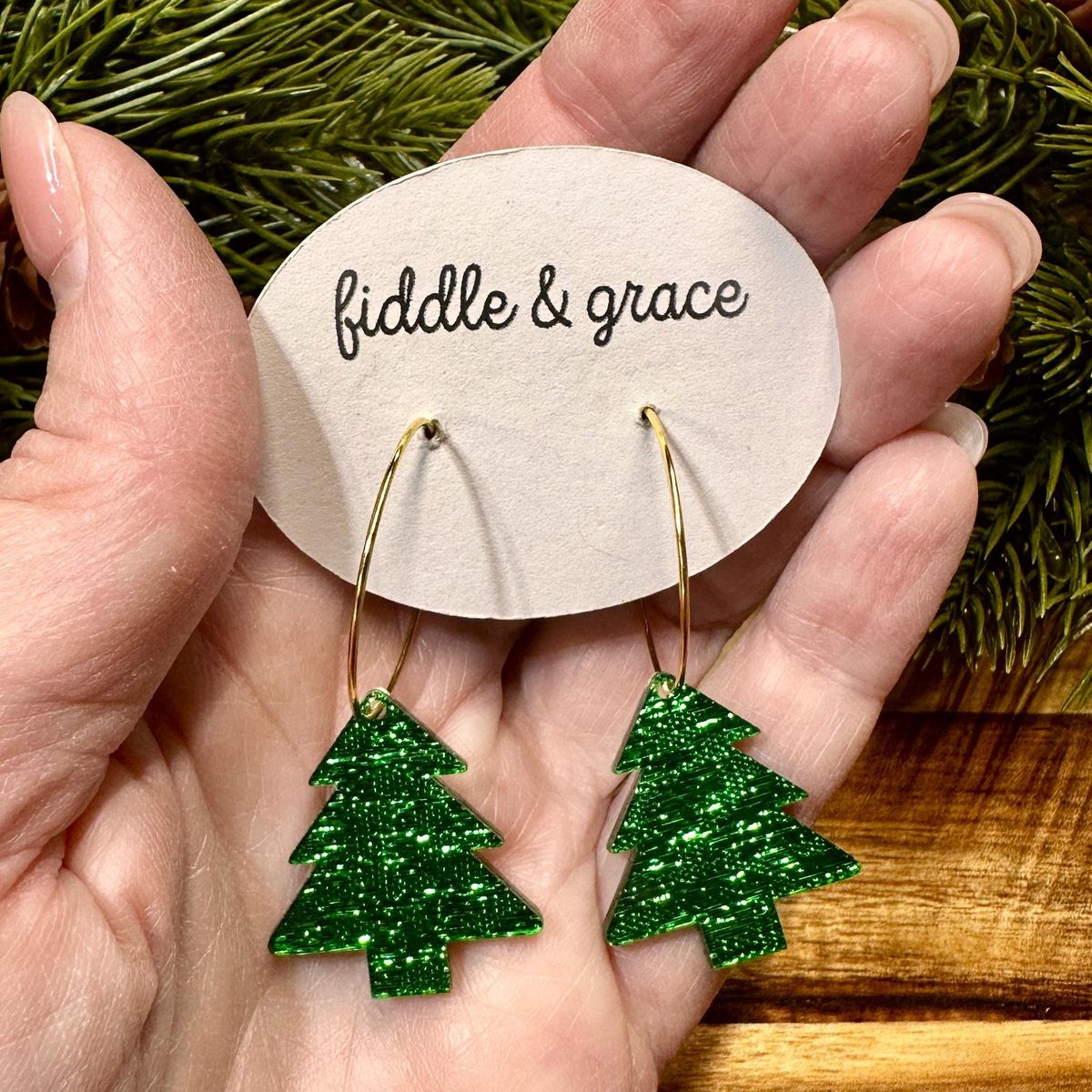 Sparkle Glitter Green Christmas Tree Earrings view 2