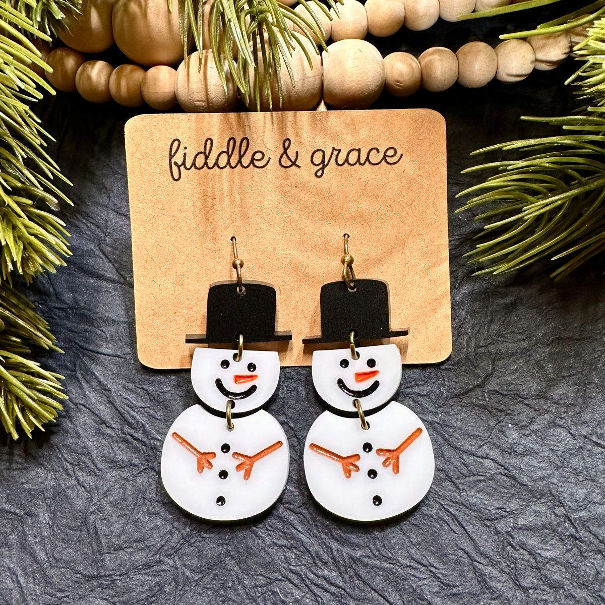 Cute Snowman Face Black Hat Orange Scarf Earrings