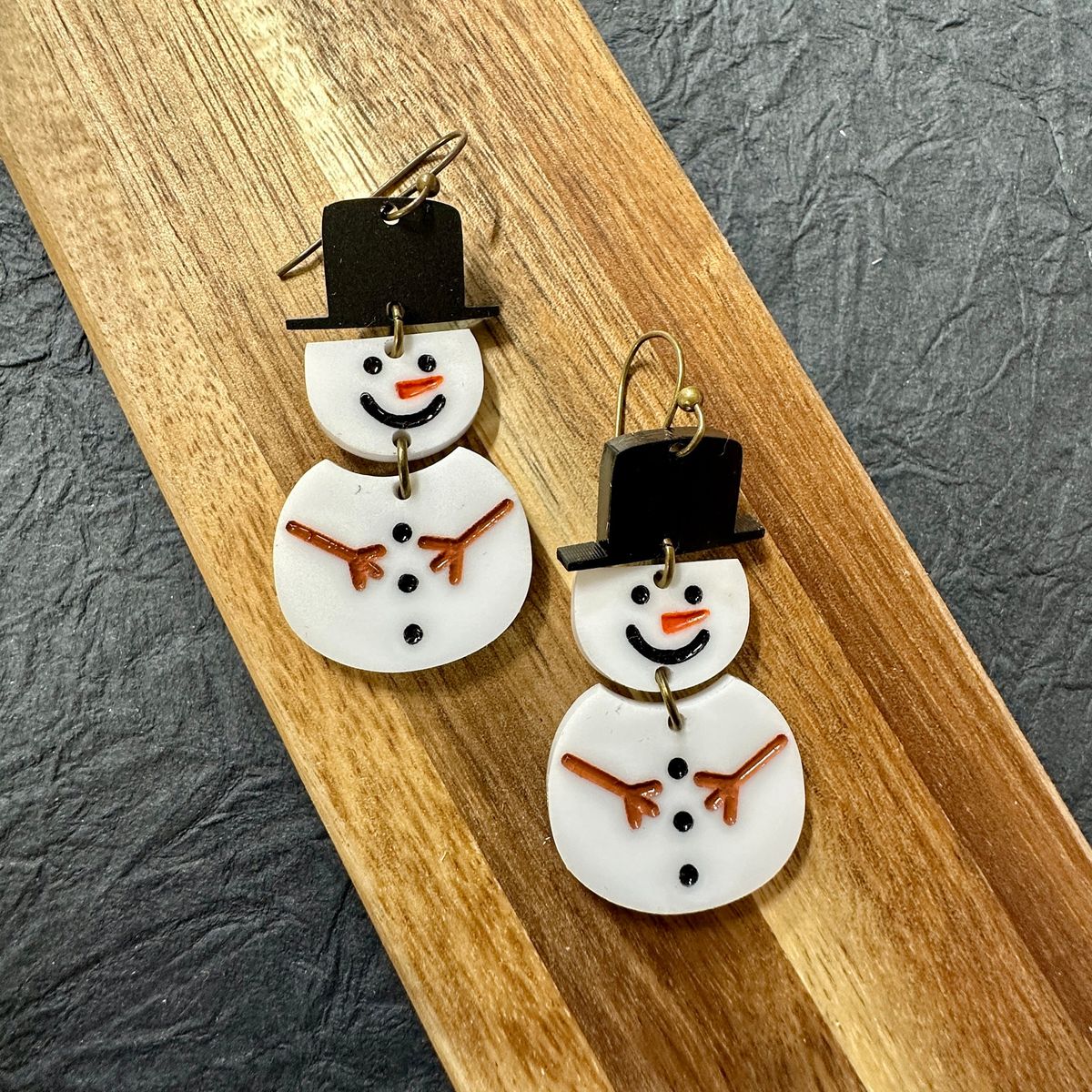 Cute Snowman Face Black Hat Orange Scarf Earrings view 2