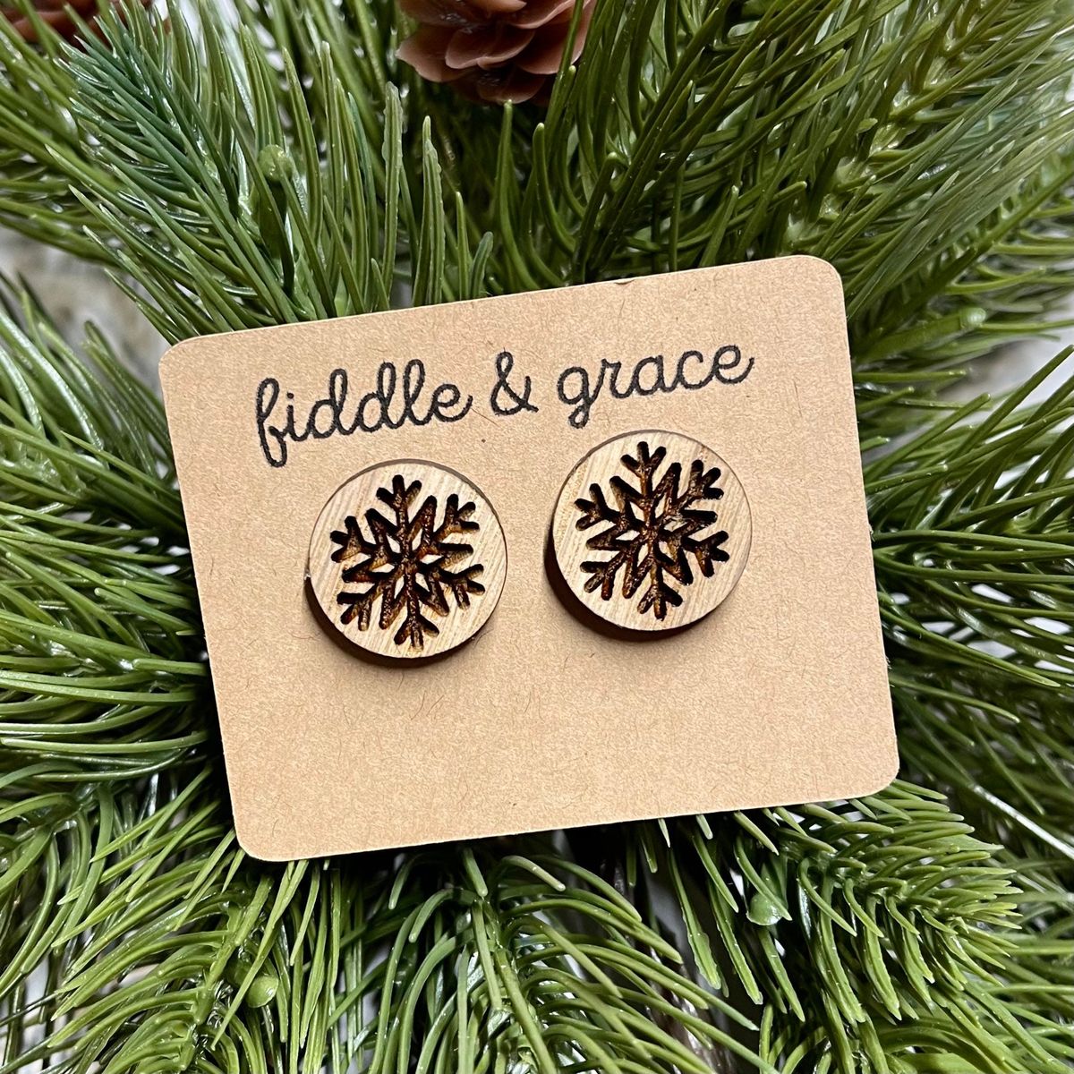 Snowflake Medallion Wood Circle Christmas Earrings