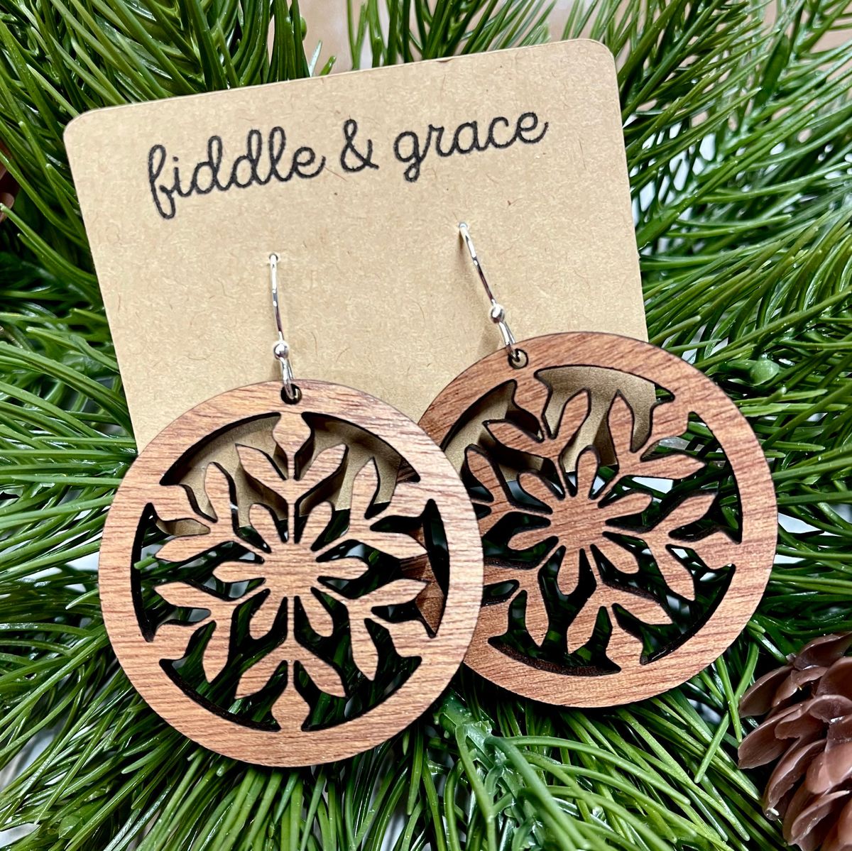 Wood Filigree Flower Medallion Earrings