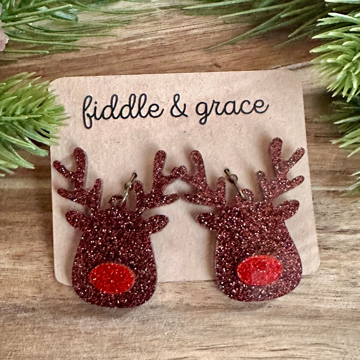 Burgundy Glitter Reindeer with Red Nose Earrings
