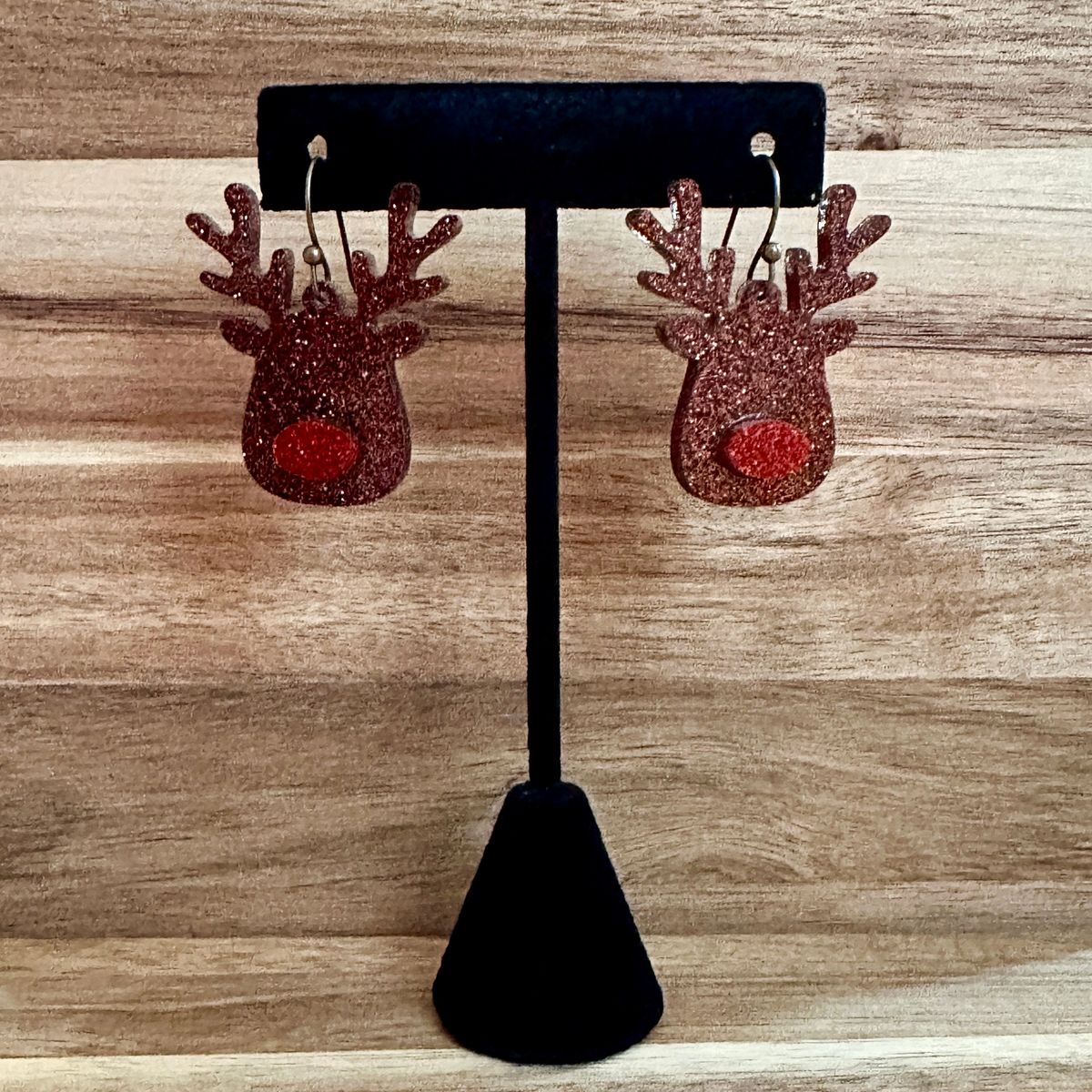Burgundy Glitter Reindeer with Red Nose Earrings view 2