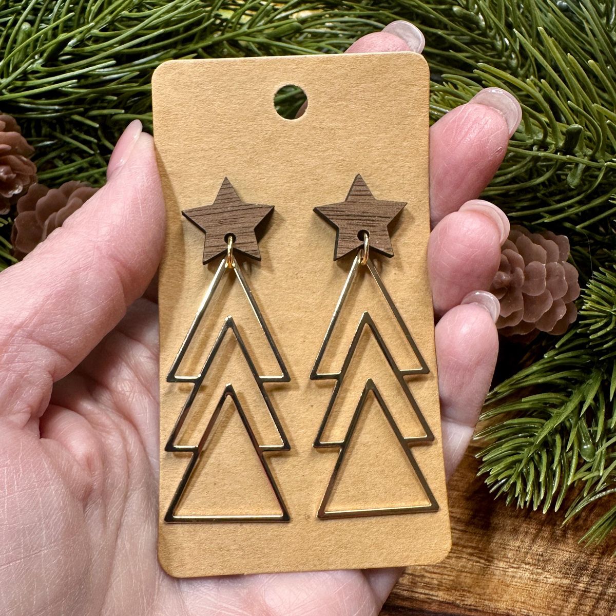 Geometric Evergreen Tree Outline Earrings view 2