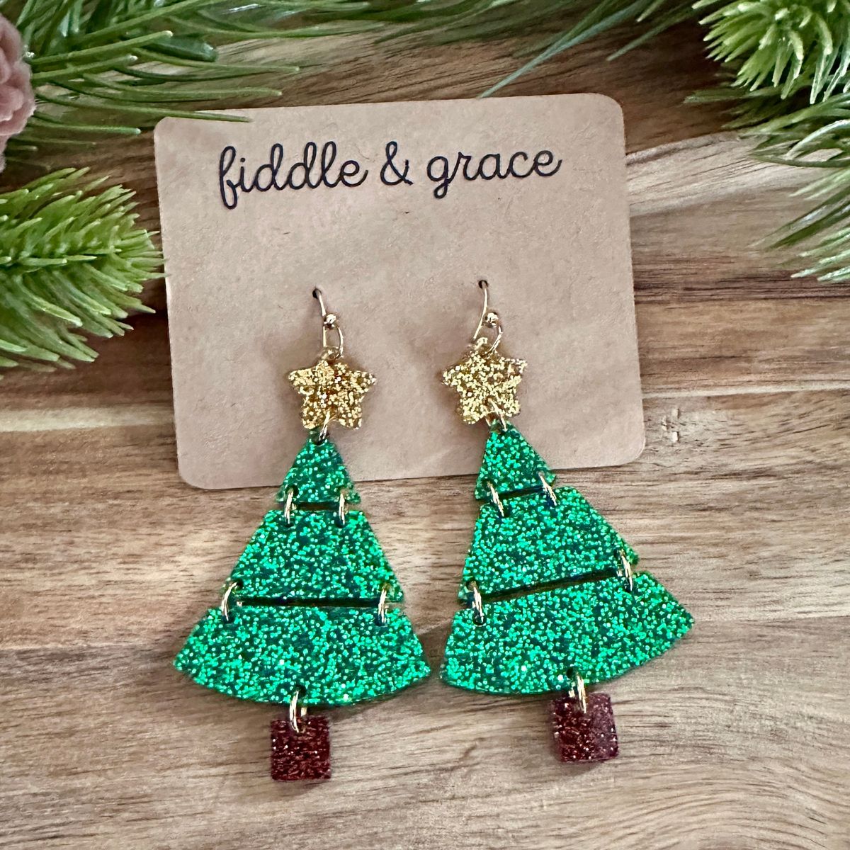 Layered Green Glitter Christmas Tree with Trunk Earrings