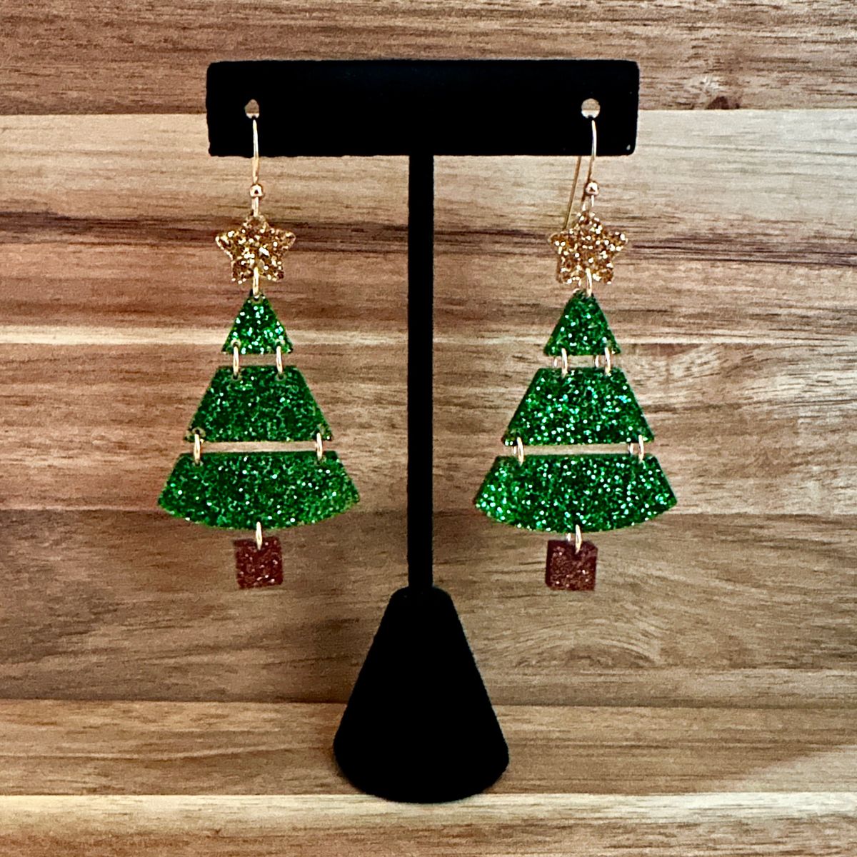 Layered Green Glitter Christmas Tree with Trunk Earrings view 2