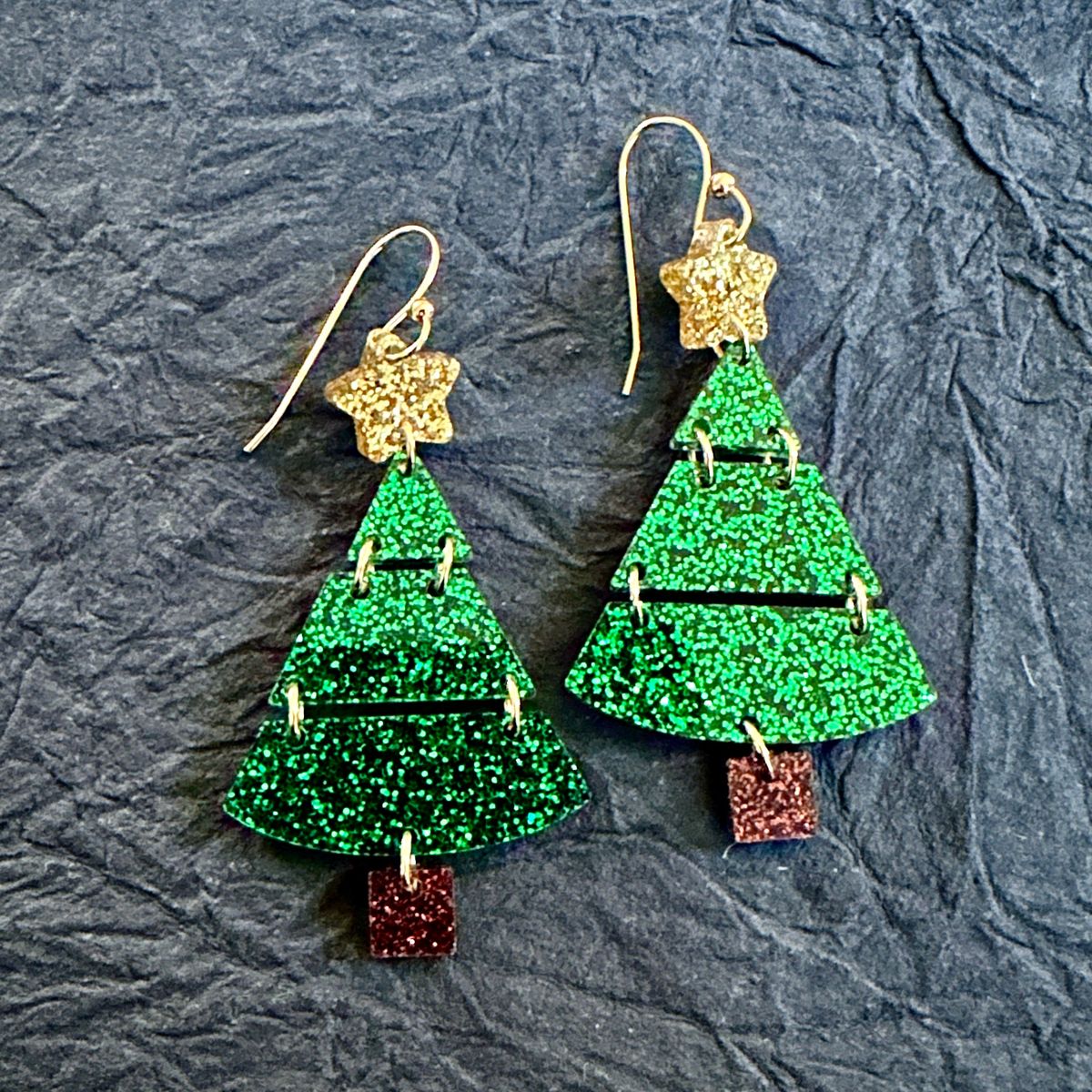 Layered Green Glitter Christmas Tree with Trunk Earrings view 3