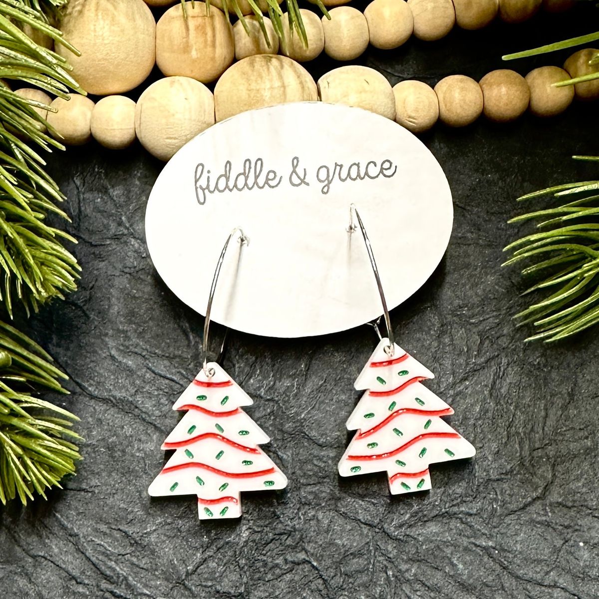 White Christmas Tree with Red Wavy Stripes Earrings