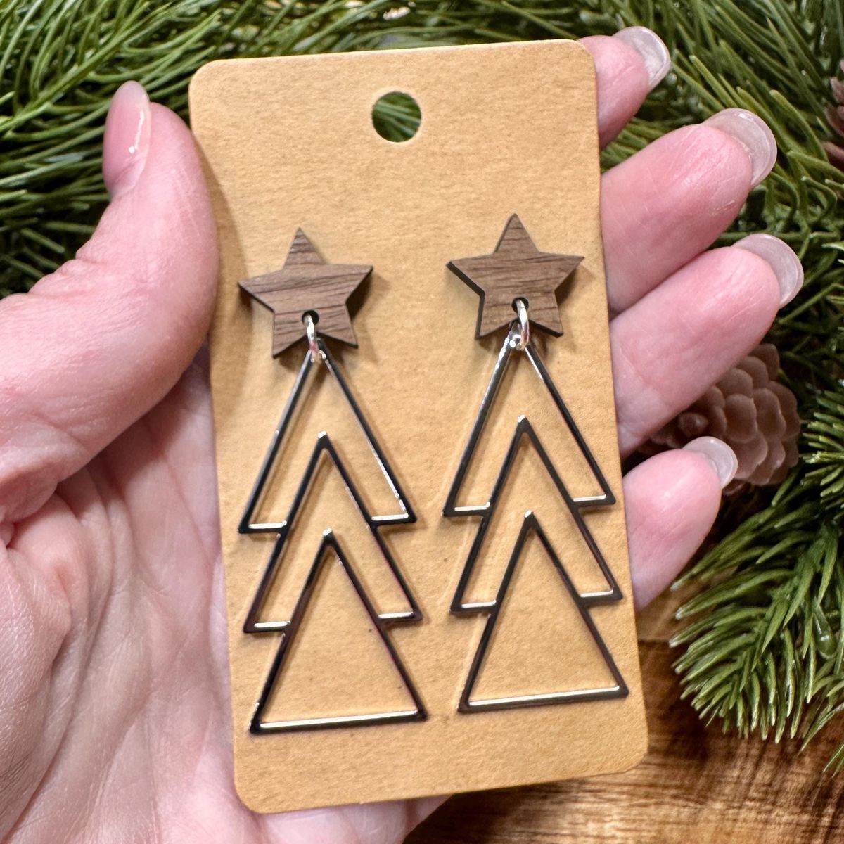 Stacked Triangle Tree Christmas Earrings view 2