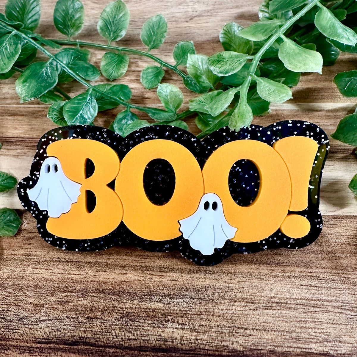 Yellow Boo with Ghost Glitter Halloween Hair Clip