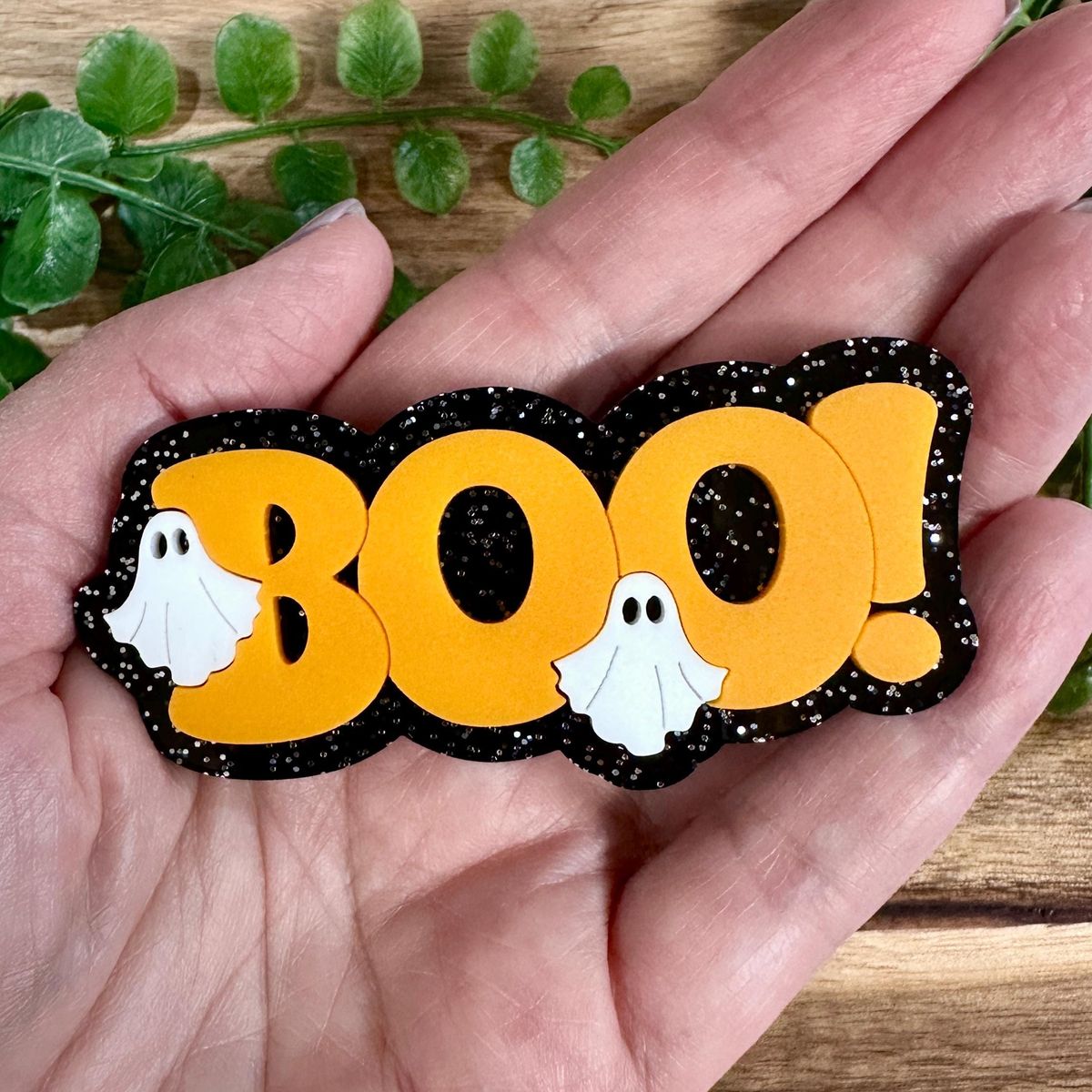 Yellow Boo with Ghost Glitter Halloween Hair Clip view 2