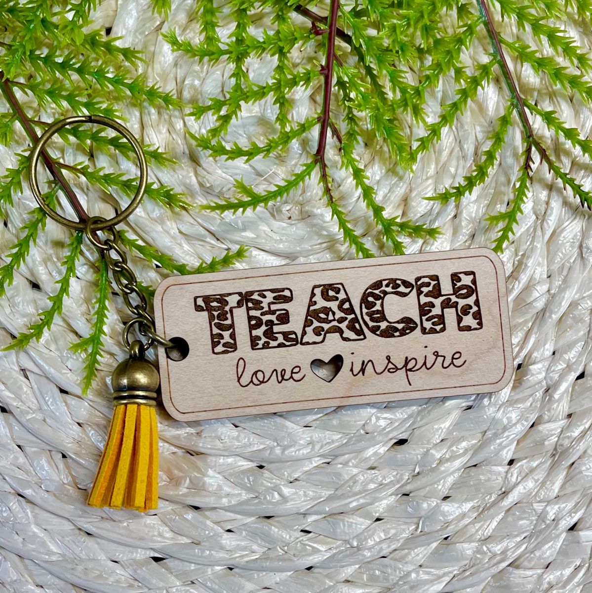 Leopard Teach Love Wood Keychain