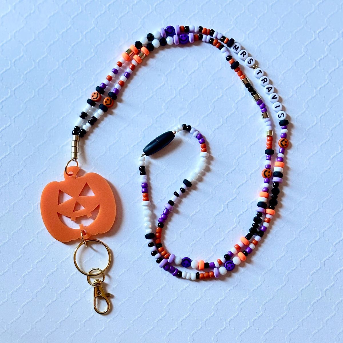 Multicolor Beaded Pumpkin Teacher Lanyard view 2