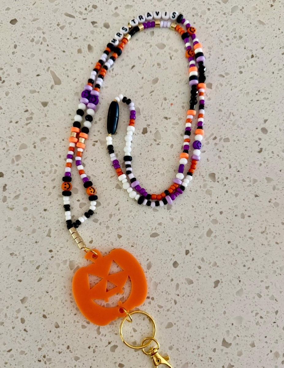 Multicolor Beaded Pumpkin Teacher Lanyard view 4