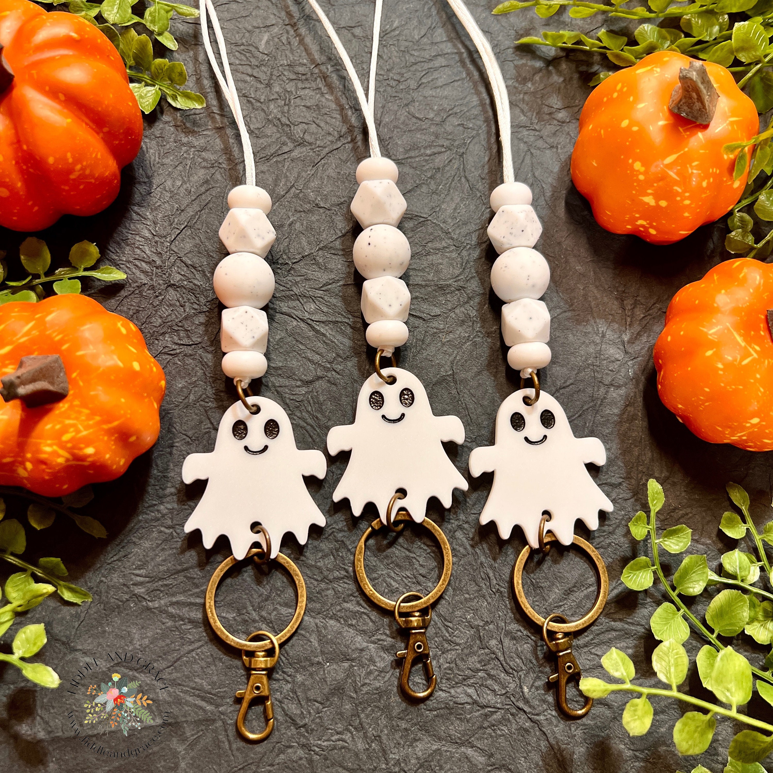White Ghost & Cream Bead Halloween Teacher Lanyard