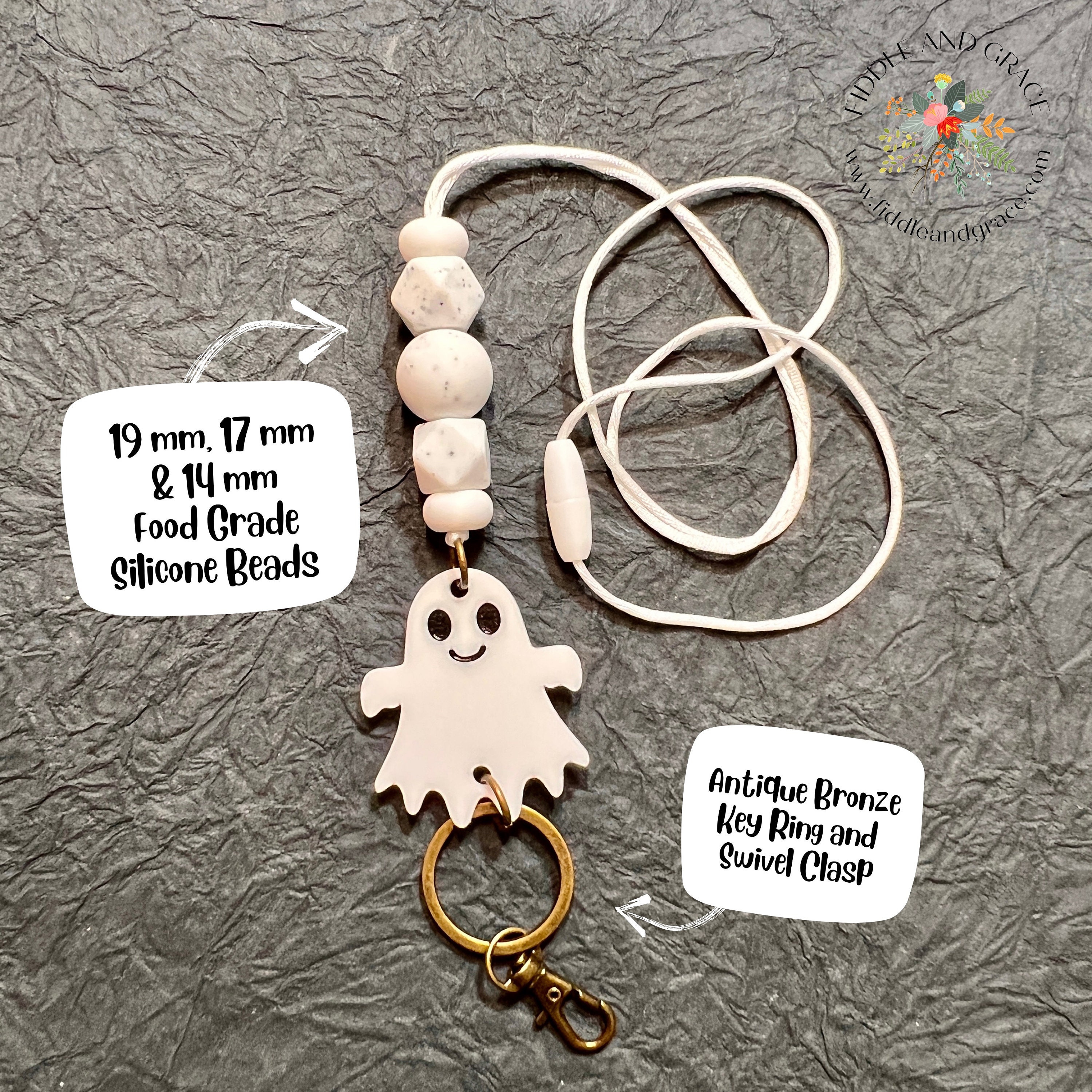 White Ghost & Cream Bead Halloween Teacher Lanyard view 2
