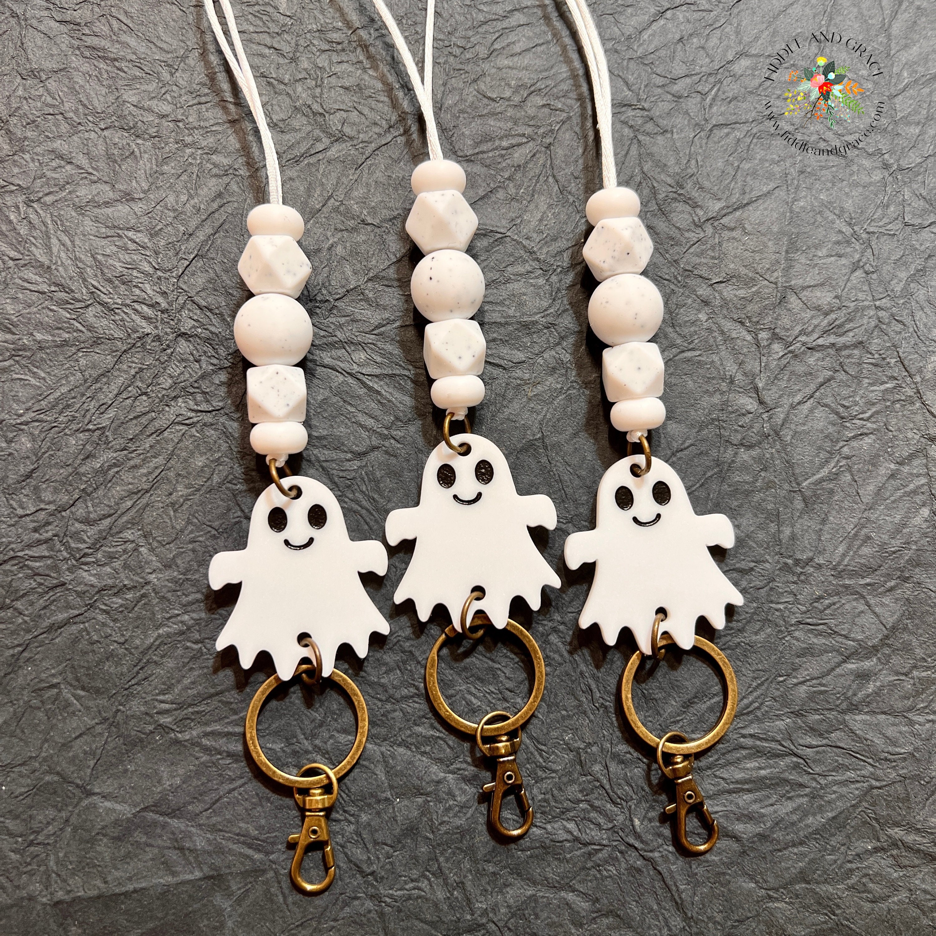 White Ghost & Cream Bead Halloween Teacher Lanyard view 3