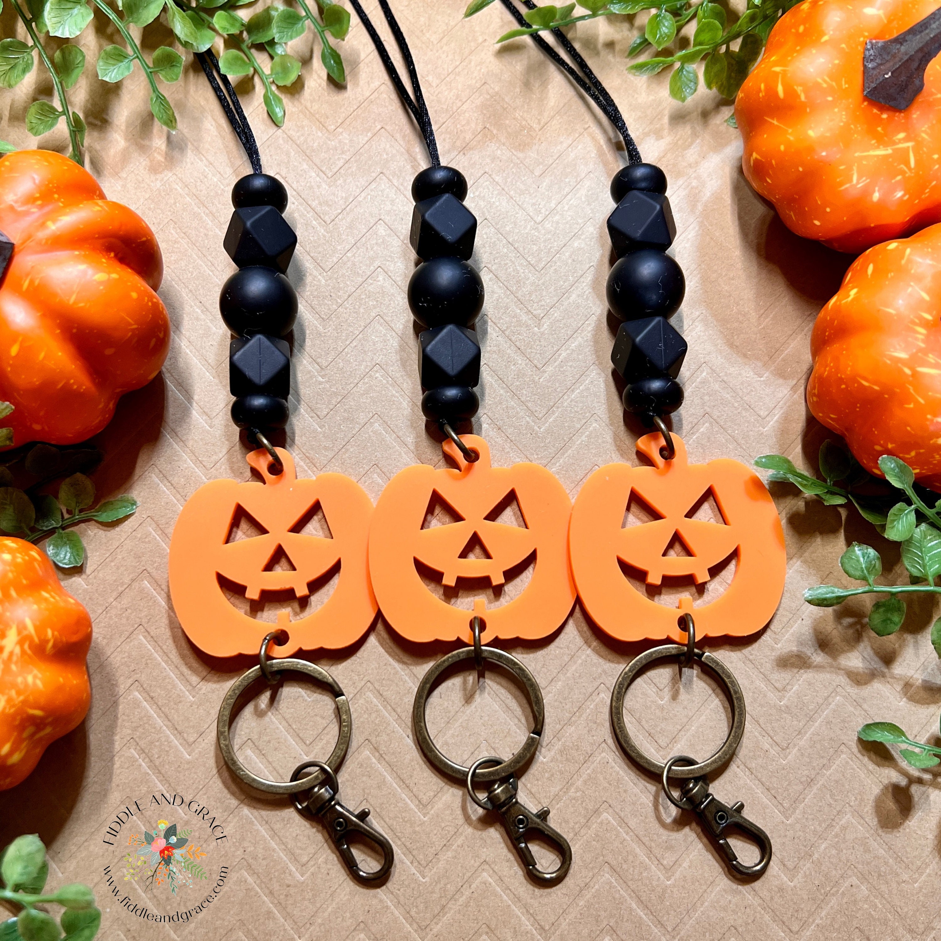 Black Bead & Orange Jack-o'-Lantern Halloween Lanyard