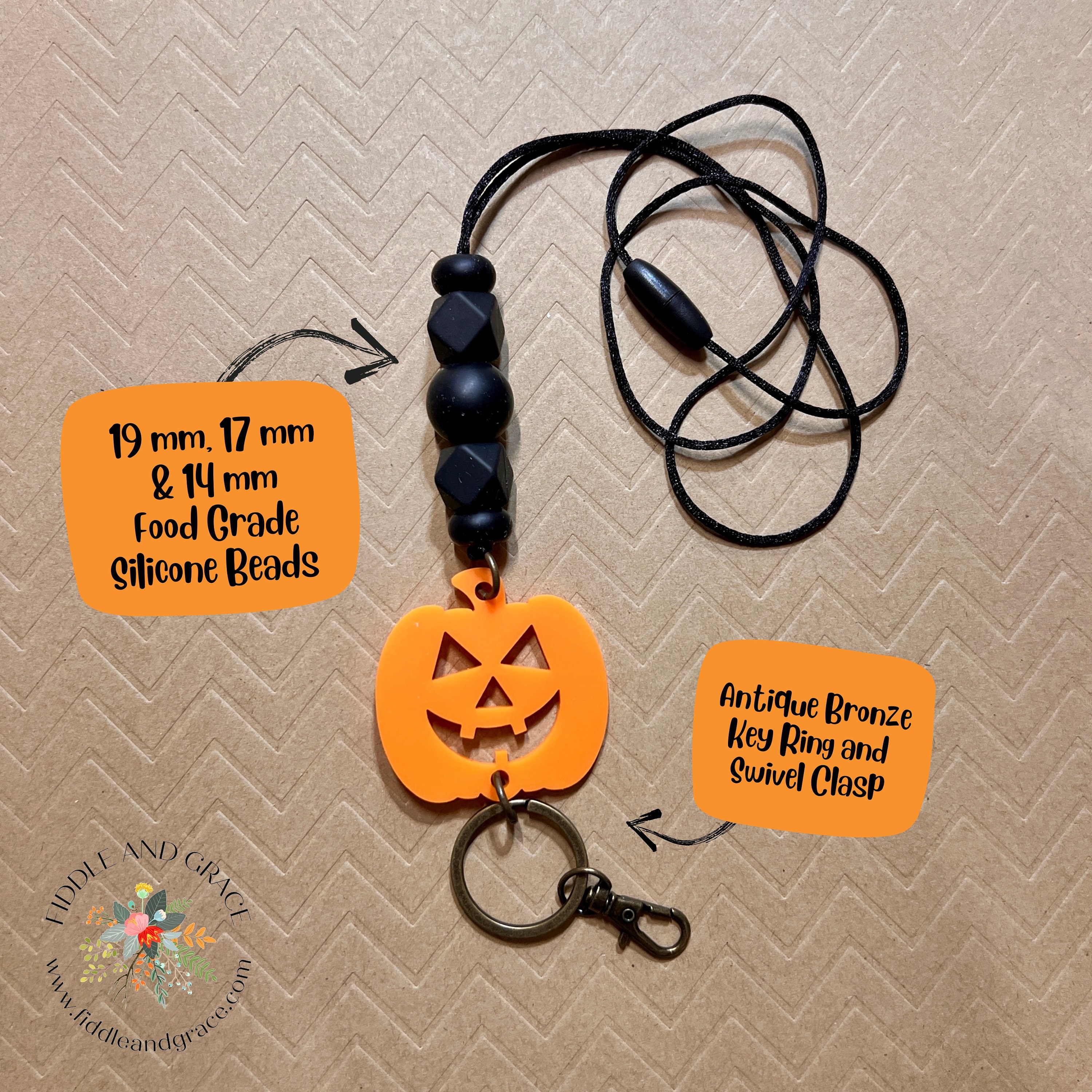 Black Bead & Orange Jack-o'-Lantern Halloween Lanyard view 2