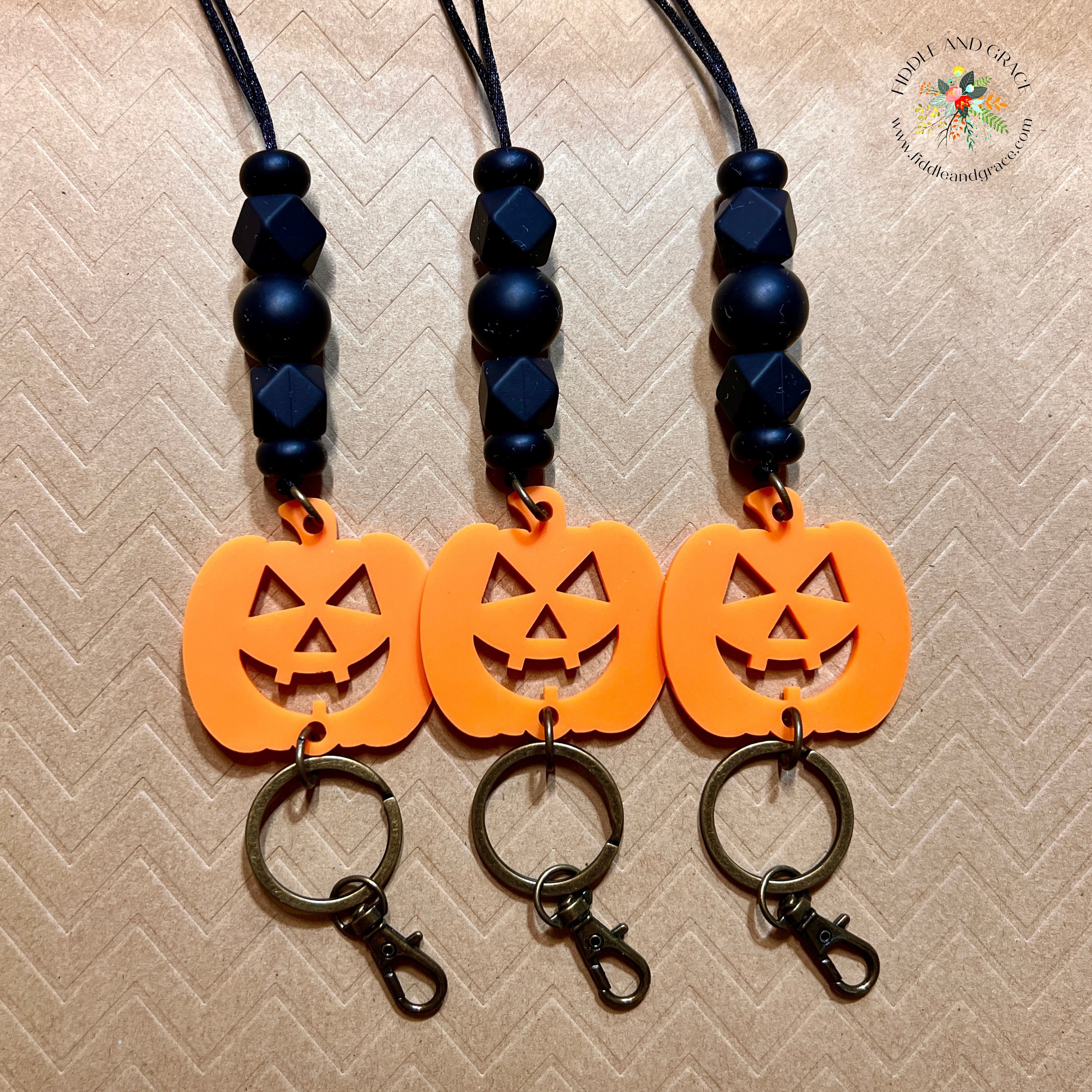 Black Bead & Orange Jack-o'-Lantern Halloween Lanyard view 3