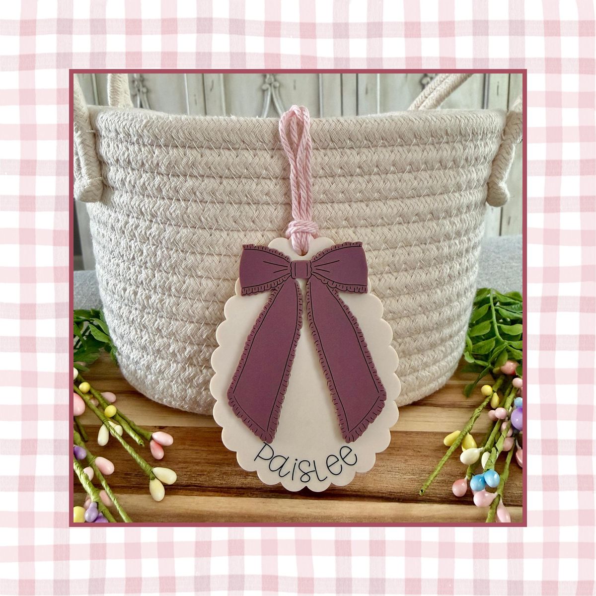 Cream & Wine Bow Bunny Ears Easter Basket Tag