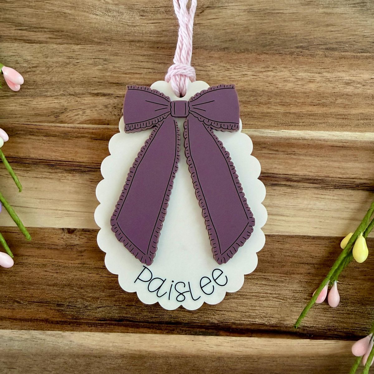 Cream & Wine Bow Bunny Ears Easter Basket Tag view 3