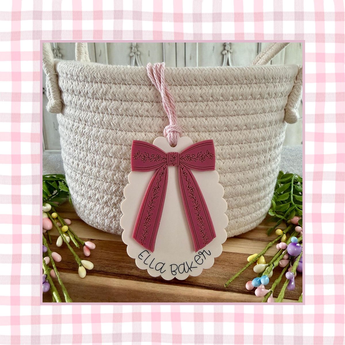 Cream & Burgundy Bow Bunny Ears Easter Basket Tag