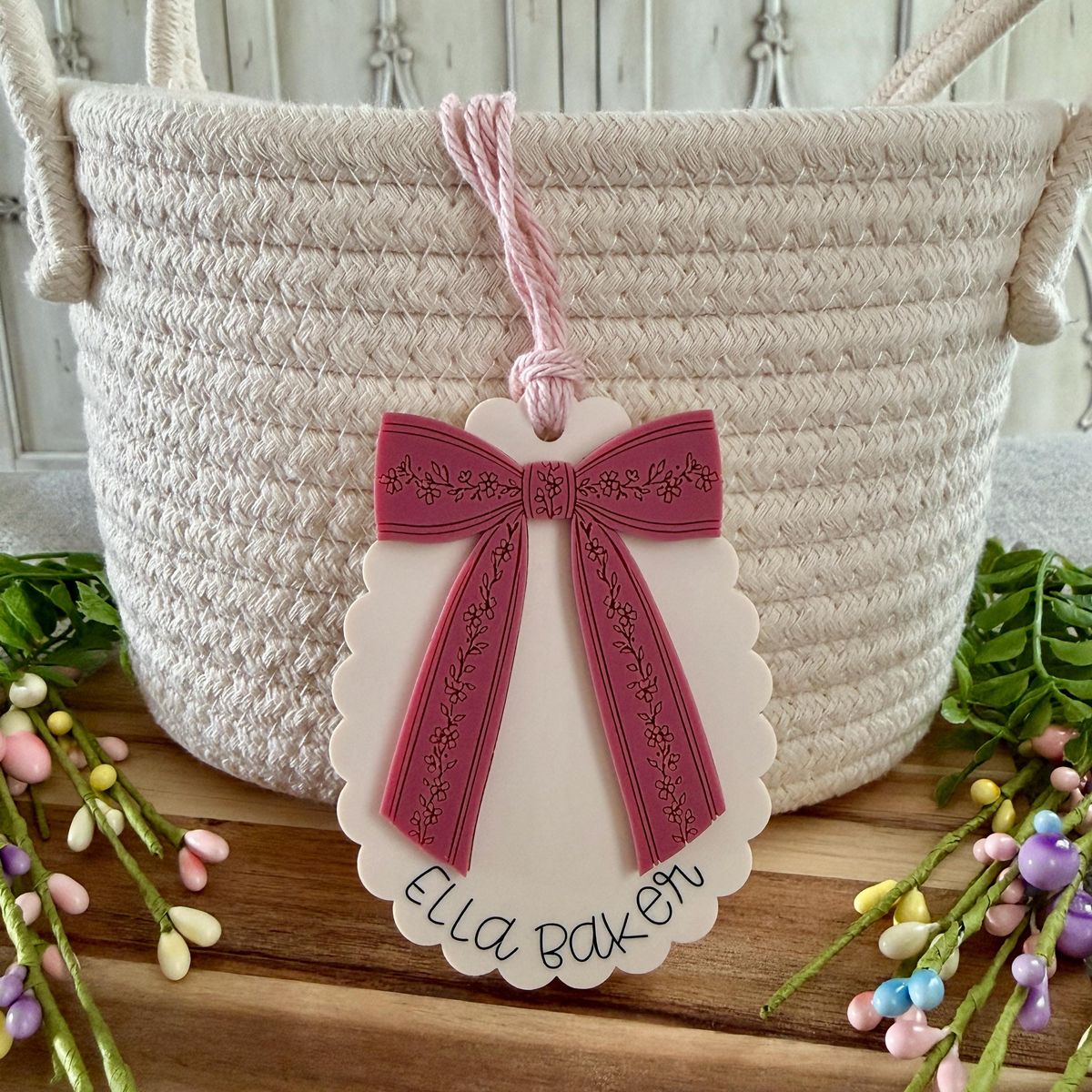 Cream & Burgundy Bow Bunny Ears Easter Basket Tag view 2