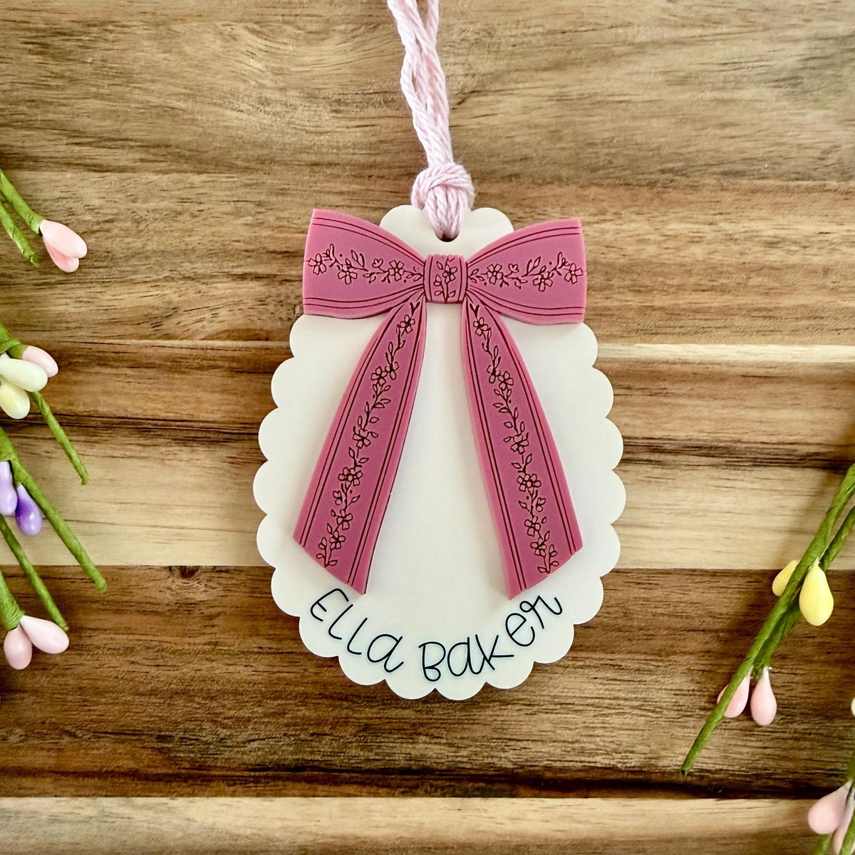 Cream & Burgundy Bow Bunny Ears Easter Basket Tag view 3