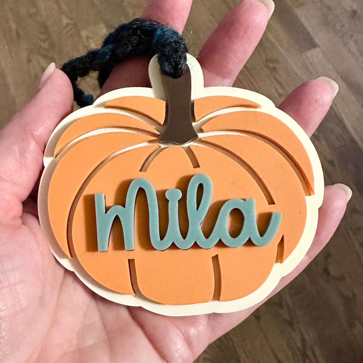 Rust Pumpkin Black Bow Personalized Halloween Basket Tag view 2