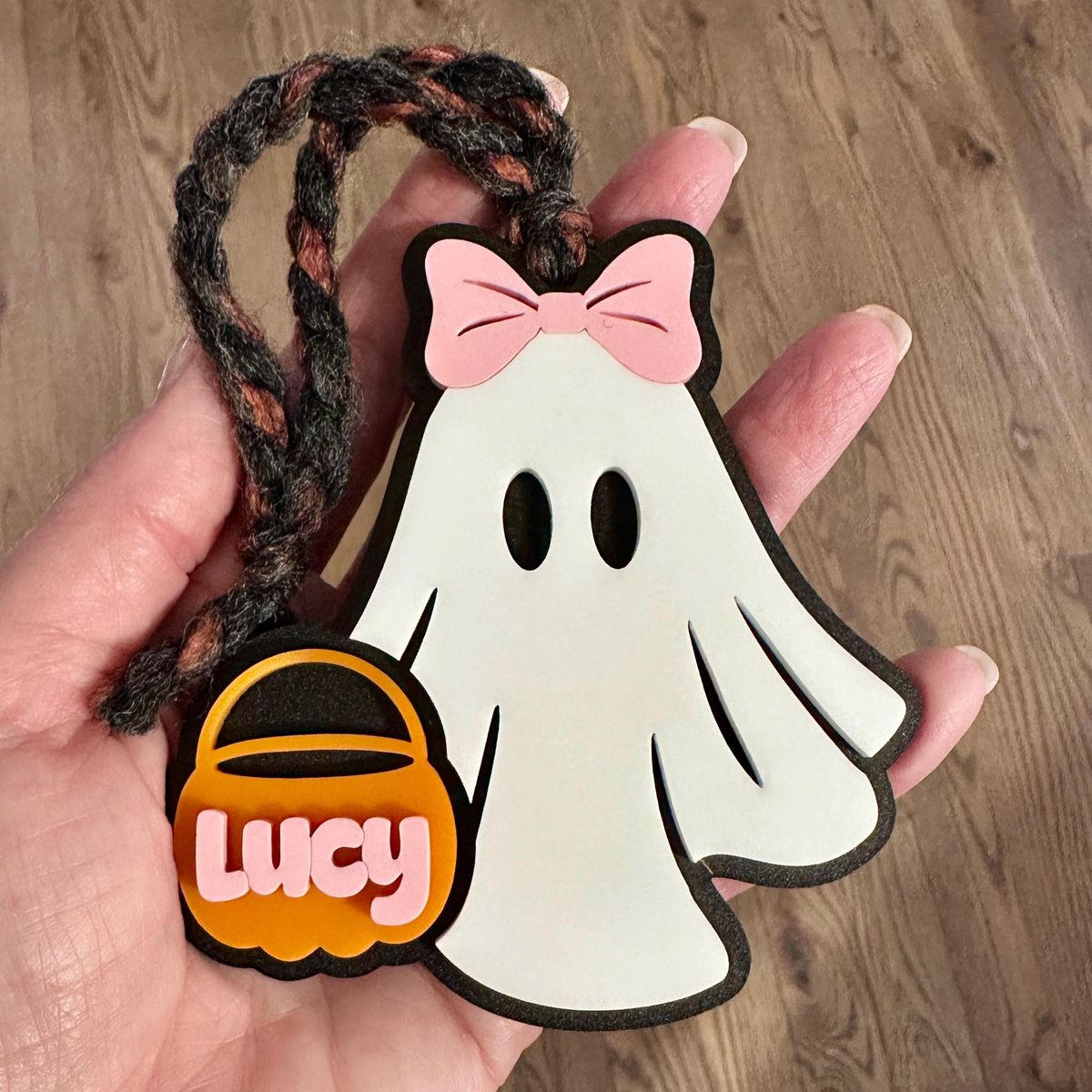 White Ghost Pink Bow Orange Basket Halloween Basket Tag