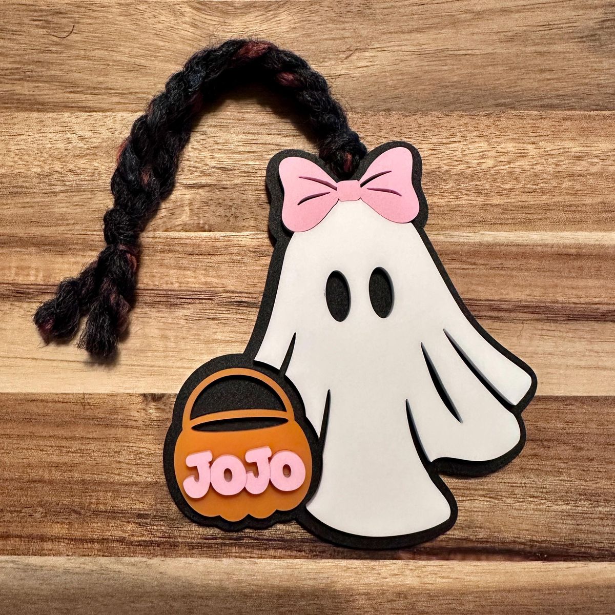 White Ghost Pink Bow Orange Basket Halloween Basket Tag view 2