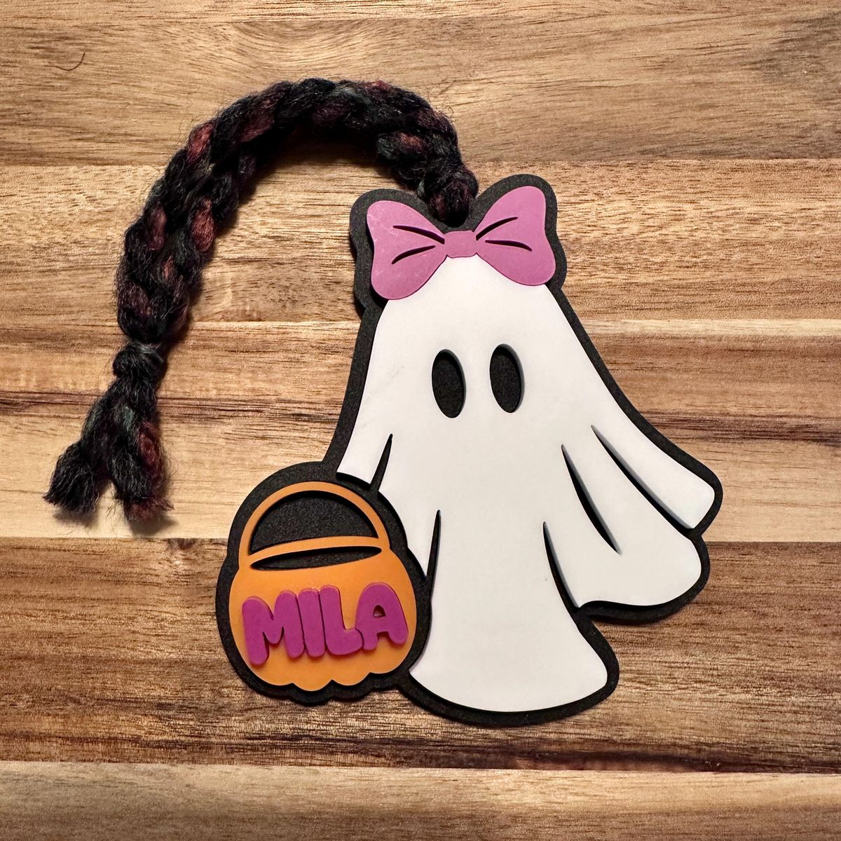 White Ghost Pink Bow Orange Basket Halloween Basket Tag view 4