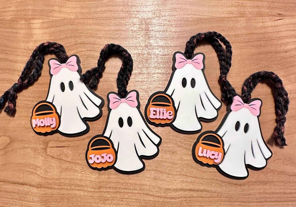 White Ghost Pink Bow Orange Basket Halloween Basket Tag view 5
